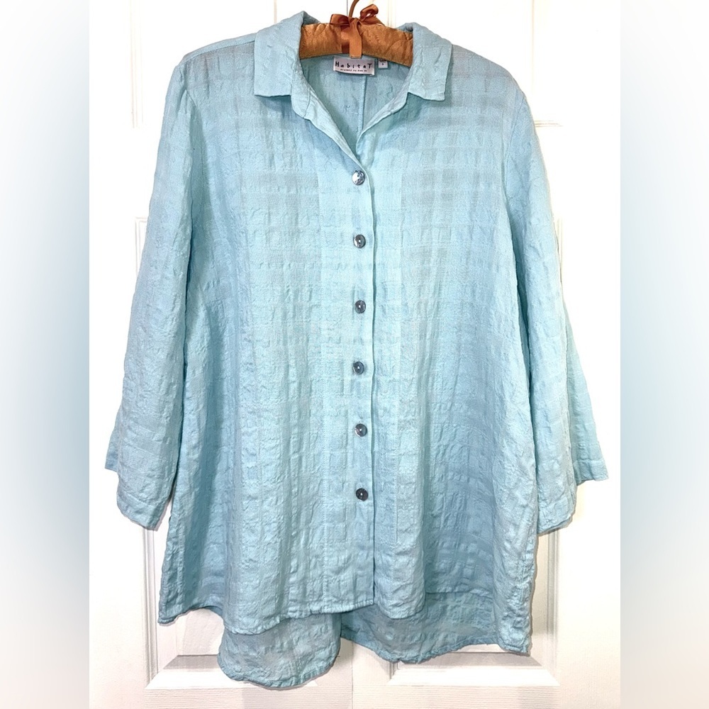 Habitat Linen Cotton Button Front & Back Shirt Tunic aqua Size S (Oversized Fit)